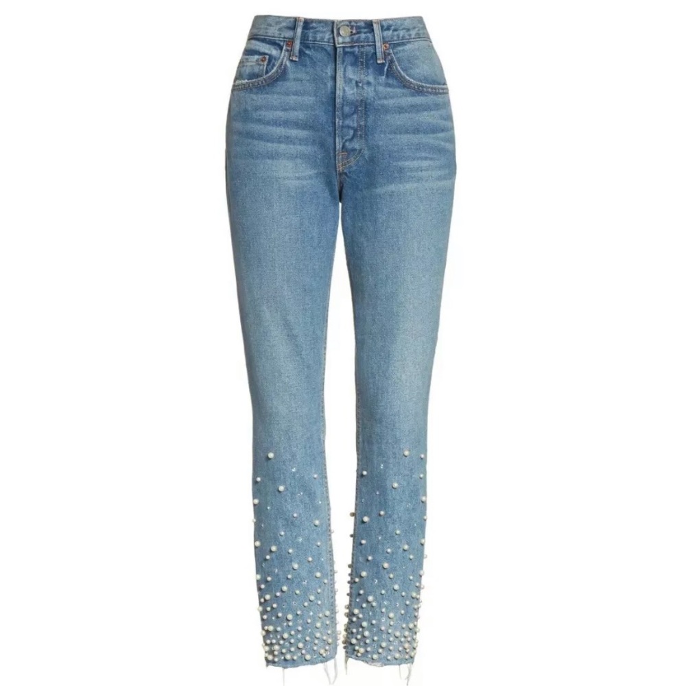 Grlfrnd “Karolina” Blue Denim Jeans W/ Pearls 27